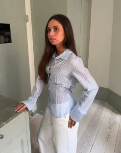 Alberte figursyet skjorte med striber - Blå/hvid