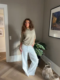 Almina strikket t-shirt med striber - Grøn/beige