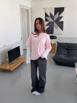 Amalie t-shirt med ærmer - Lyserød/hvid
