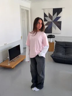 Amalie t-shirt med ærmer - Lyserød/hvid