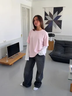 Amalie t-shirt med ærmer - Lyserød/hvid