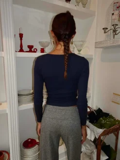 Amally langærmet bluse med broderede hjerter - Navy