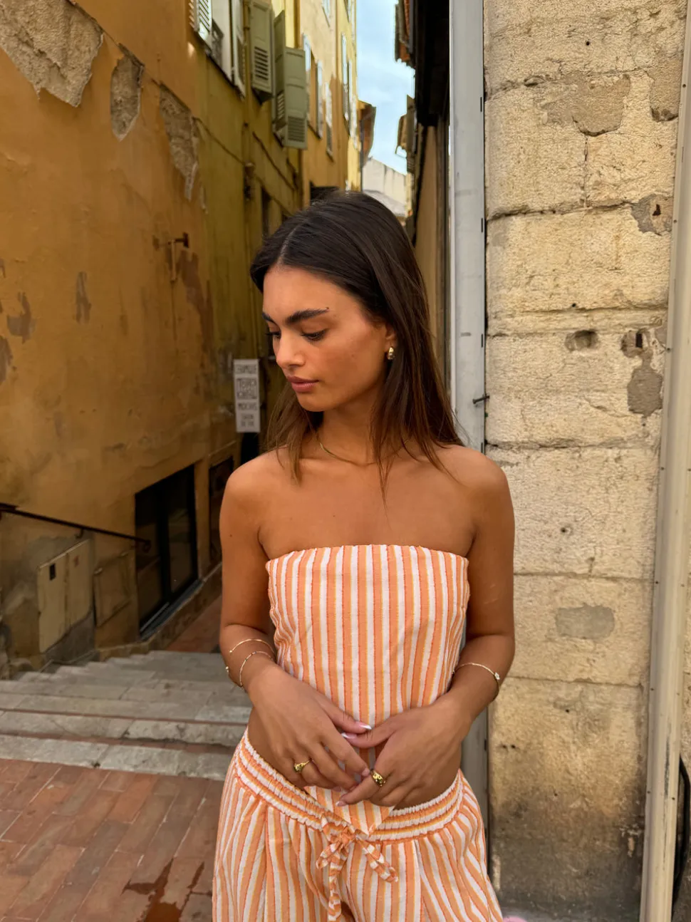 Aura stribet top - Orange/hvid