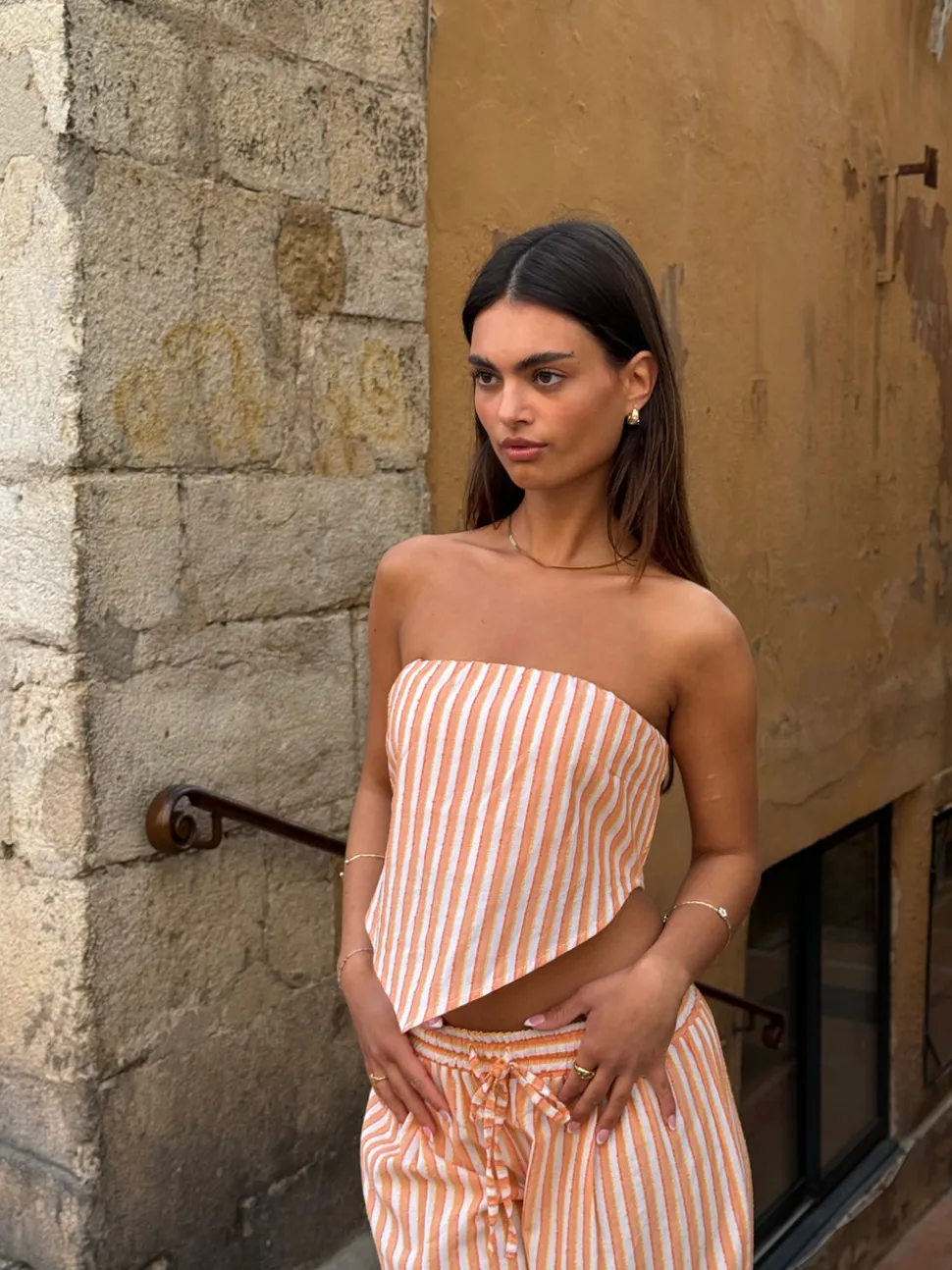 Aura stribet top - Orange/hvid