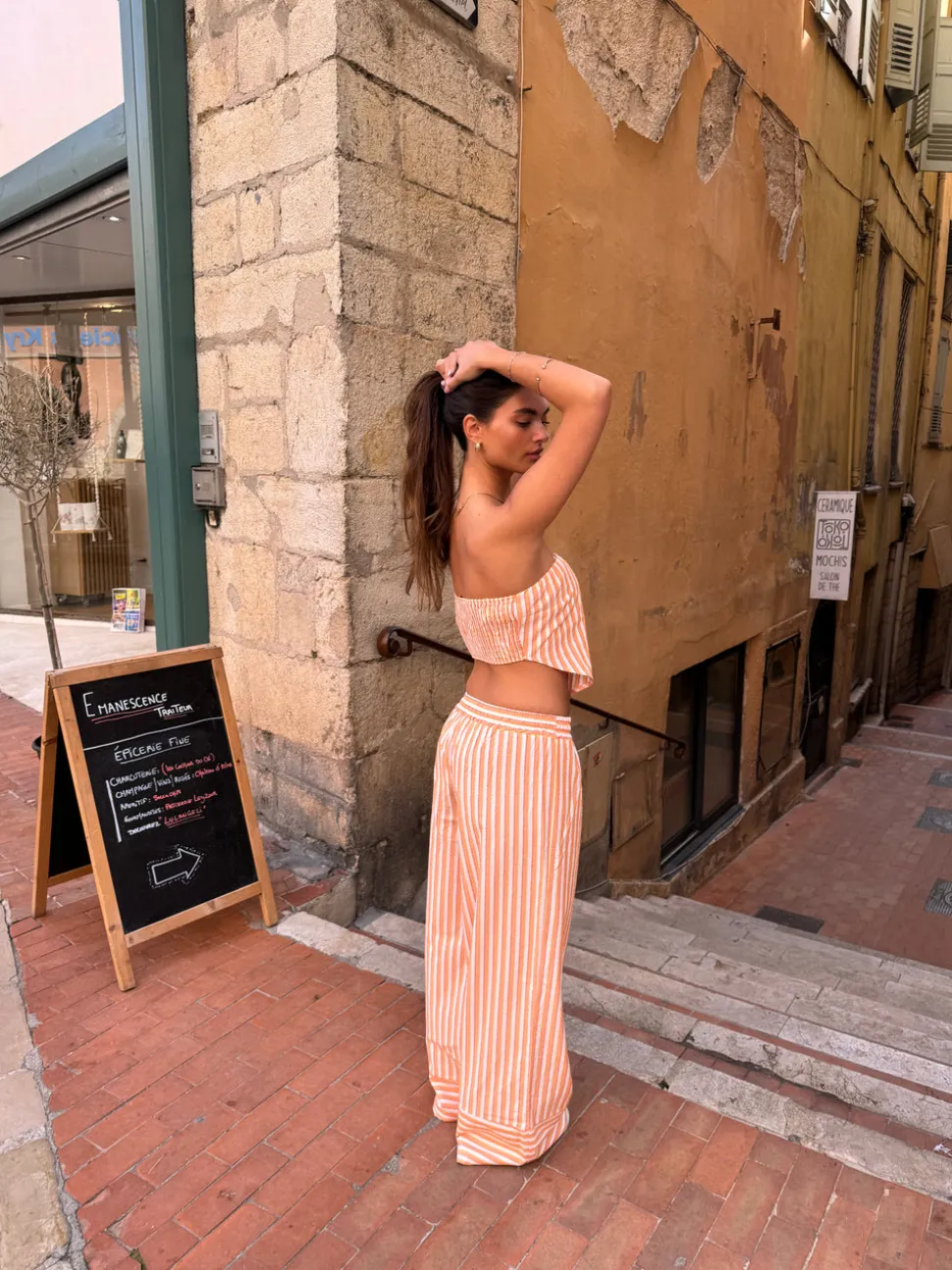 Aura stribet top - Orange/hvid