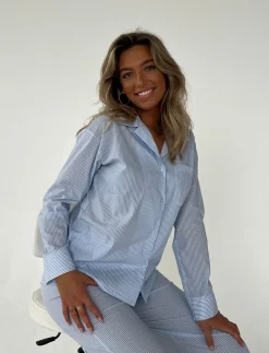 Avana pyjamasskjorte med striber - Blå/hvid