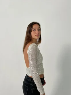 Babette pallietbluse med åben ryg - Sølv