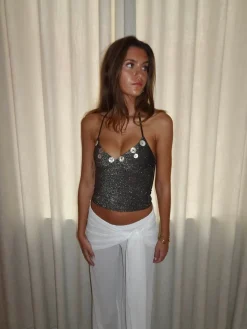 Belina glittertop med knapper - Brun