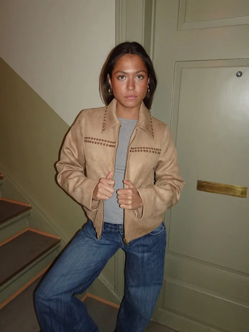 Camela jakke med nitter - Beige