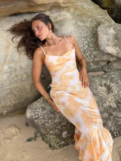 Charline satinkjole - Hvid/orange
