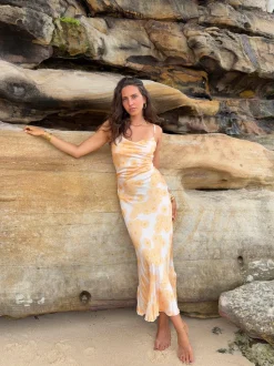 Charline satinkjole - Hvid/orange