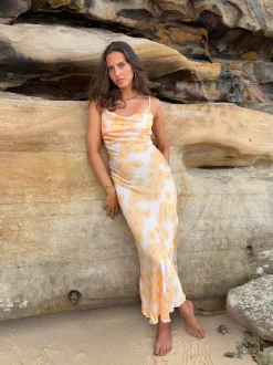 Charline satinkjole - Hvid/orange