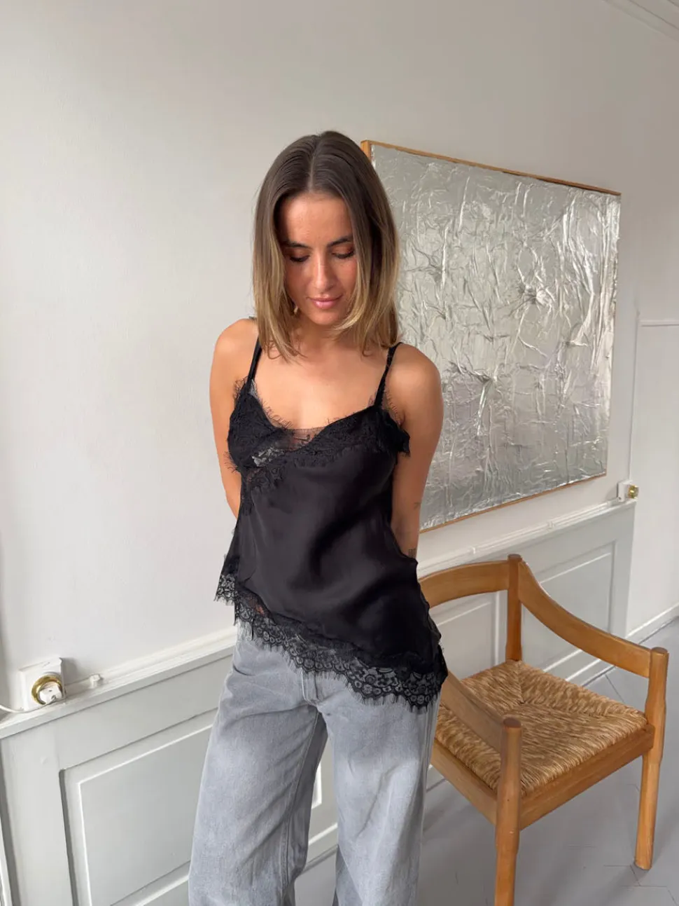 Dixia asymmetrisk top med blonder - Sort