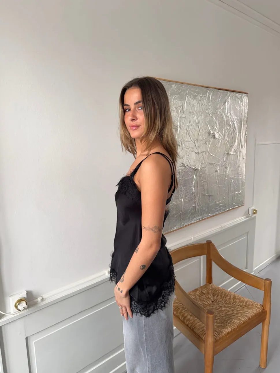Dixia asymmetrisk top med blonder - Sort