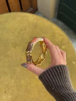 Ebony armbånd med striber - Koral/brun/guld/off white