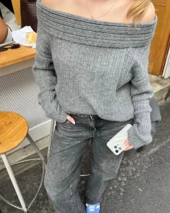 Elinor off shoulder strik - Grå
