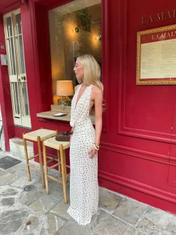Eliva maxikjole med polkaprikker - Off white/sort