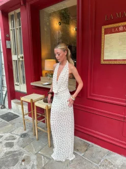 Eliva maxikjole med polkaprikker - Off white/sort