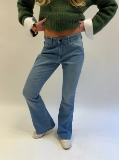 Flared star jeans med navy stjerne - Lys denim
