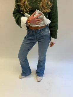 Flared star jeans med navy stjerne - Lys denim
