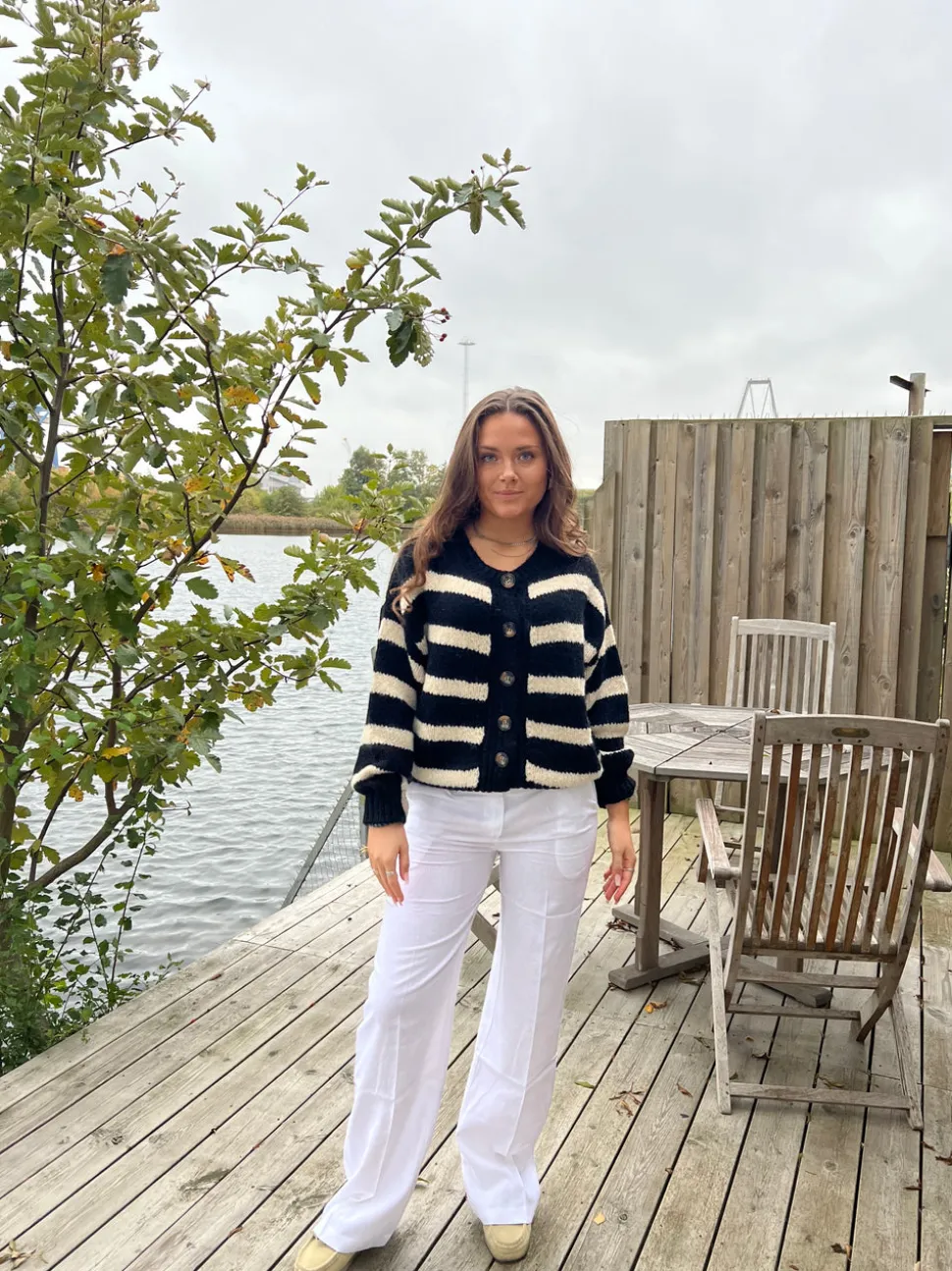 Flavia cardigan med striber - Sort/off white