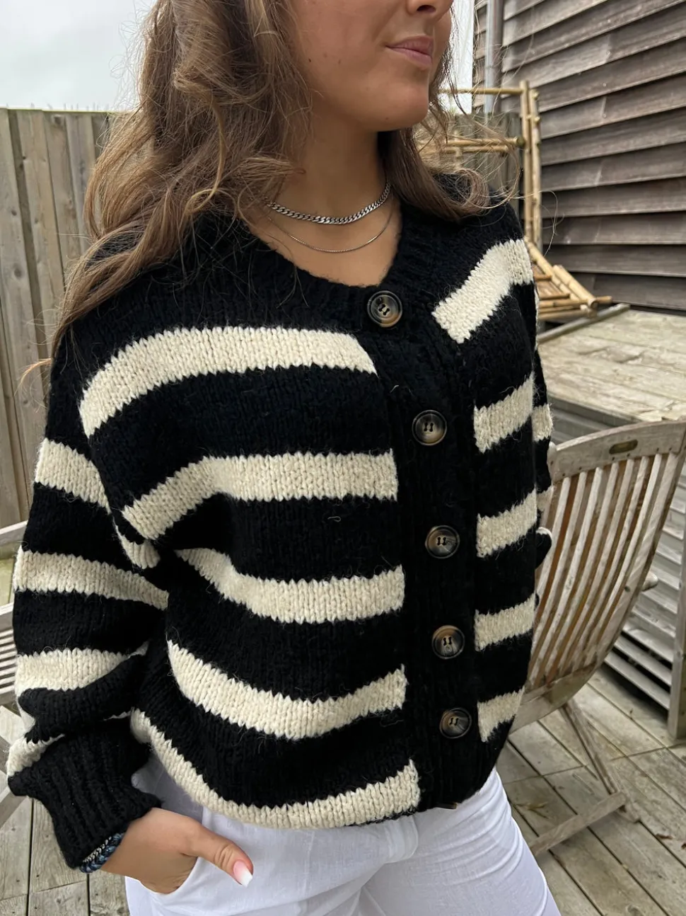 Flavia cardigan med striber - Sort/off white