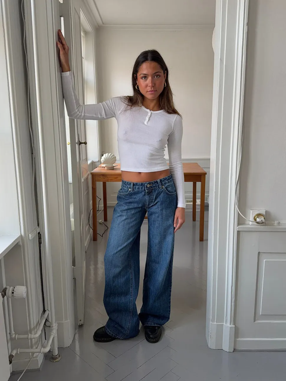 Floraline lavtaljede jeans - Blå denim
