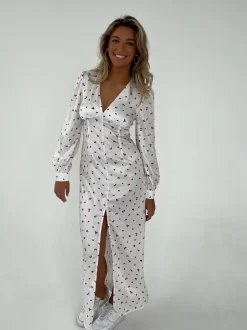 Frederikke satinkjole med røde blomster - Hvid