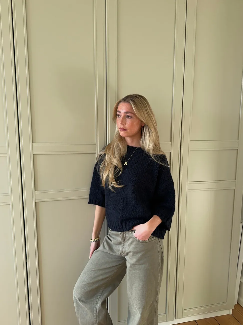 Hedvig striktrøje med korte ærmer - Navy
