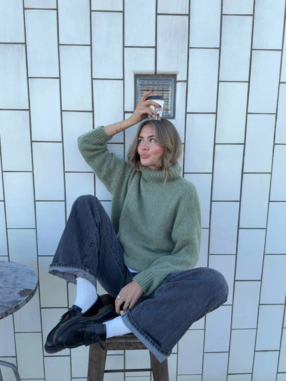 Idun striktrøje med turtleneck - Kaki