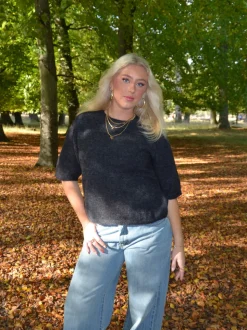 Isabell trekvartærmet striktrøje - Mørkegrå