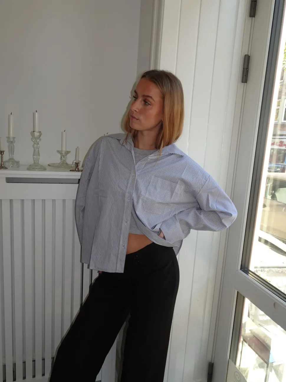 Kendall skjorte med striber - Lysegrå/hvid