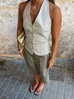 Klara halterneck top med tern - Hvid/grøn