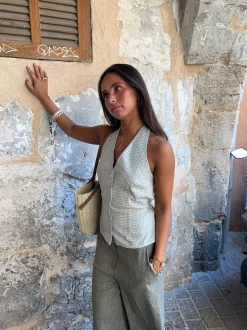 Klara halterneck top med tern - Hvid/grøn