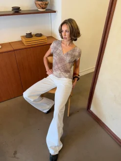 Leonorita top med ternet mønster - Beige/brun