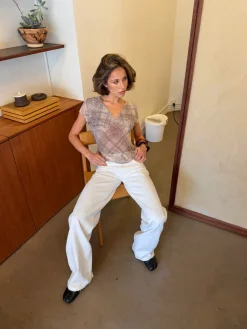Leonorita top med ternet mønster - Beige/brun