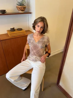 Leonorita top med ternet mønster - Beige/brun