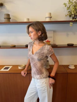 Leonorita top med ternet mønster - Beige/brun