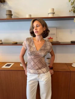 Leonorita top med ternet mønster - Beige/brun