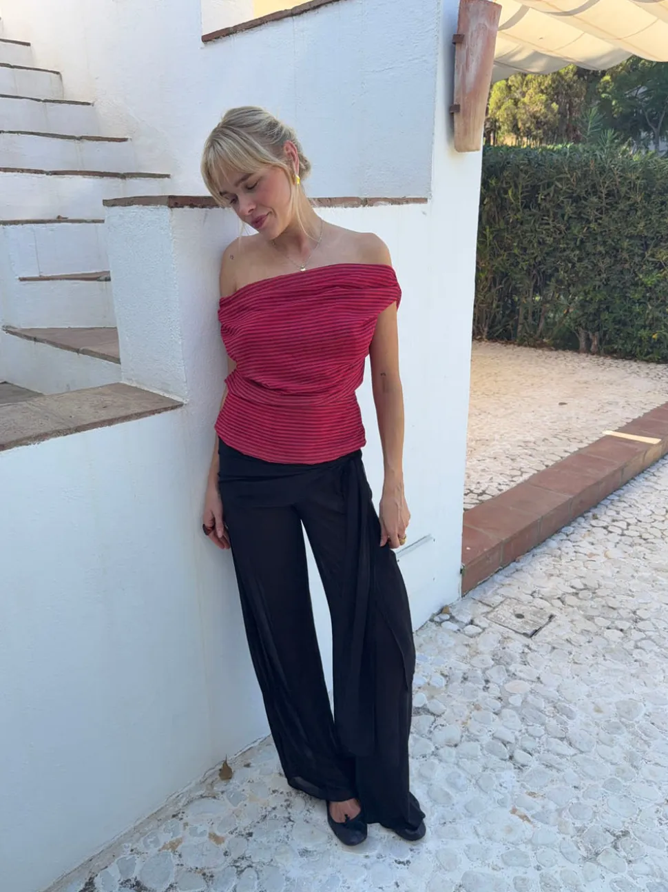 Lily top med striber - rød/bordeaux