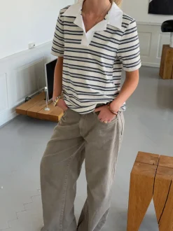 Line polo med striber - Hvid/beige/navy