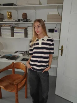 Linna polo med striber - Navy/beige/rød