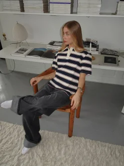 Linna polo med striber - Navy/beige/rød