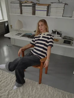 Linna polo med striber - Navy/beige/rød