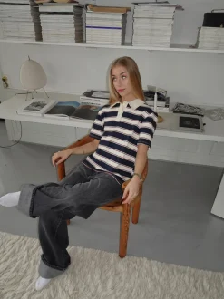 Linna polo med striber - Navy/beige/rød