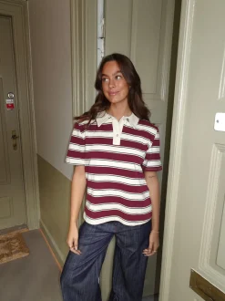 Linna polo med striber - Rød/beige/navy