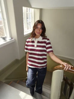 Linna polo med striber - Rød/beige/navy