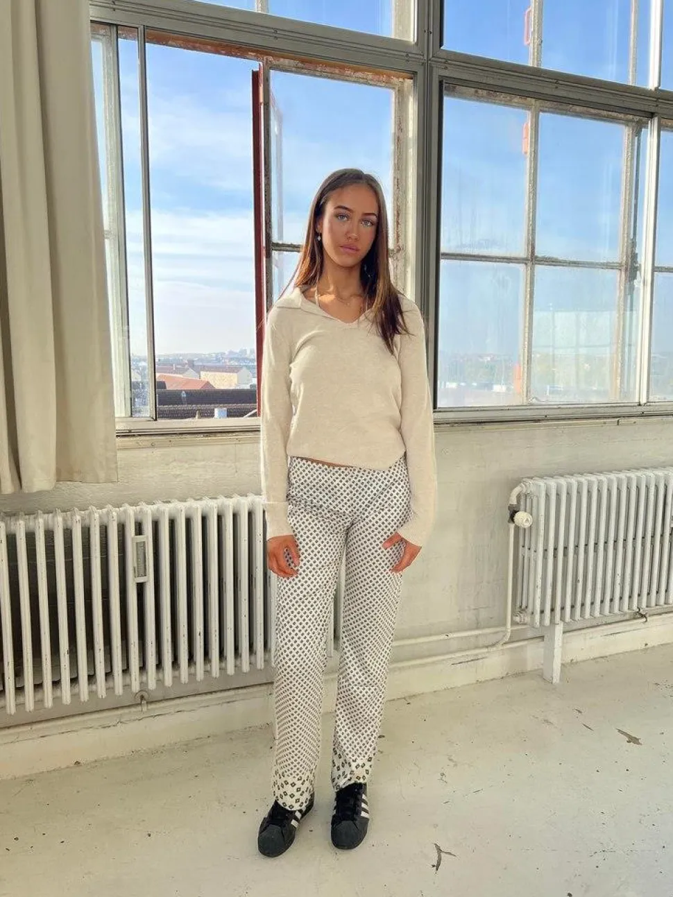 Lona lavtaljet satin bukser - Off-white/grøn