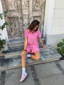 Luliana kortærmet skjorte med striber - Pink/hvid/sort