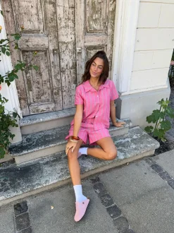 Luliana kortærmet skjorte med striber - Pink/hvid/sort
